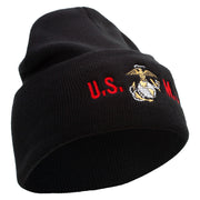 USMC Logo Embroidered 12 Inch Solid Knit Cuff Long Beanie Made in USA - Black OSFM