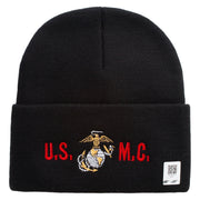 USMC Logo Embroidered 12 Inch Solid Knit Cuff Long Beanie Made in USA - Black OSFM