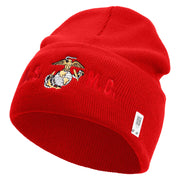 USMC Logo Embroidered 12 Inch Solid Knit Cuff Long Beanie Made in USA - Red OSFM