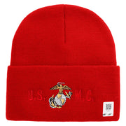 USMC Logo Embroidered 12 Inch Solid Knit Cuff Long Beanie Made in USA - Red OSFM