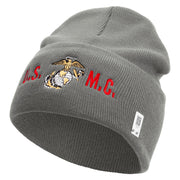 USMC Logo Embroidered 12 Inch Solid Knit Cuff Long Beanie Made in USA - Dk-Ash OSFM