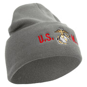 USMC Logo Embroidered 12 Inch Solid Knit Cuff Long Beanie Made in USA - Dk-Ash OSFM