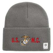 USMC Logo Embroidered 12 Inch Solid Knit Cuff Long Beanie Made in USA - Dk-Ash OSFM