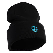 Small Blue Glitter Peace Sign Iron On Patched 12 Inch Long Knitted Beanie - Black OSFM