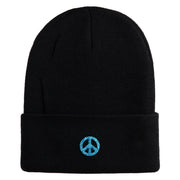 Small Blue Glitter Peace Sign Iron On Patched 12 Inch Long Knitted Beanie - Black OSFM