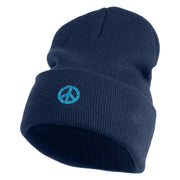 Small Blue Glitter Peace Sign Iron On Patched 12 Inch Long Knitted Beanie - Navy OSFM