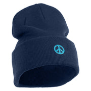 Small Blue Glitter Peace Sign Iron On Patched 12 Inch Long Knitted Beanie - Navy OSFM