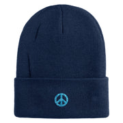 Small Blue Glitter Peace Sign Iron On Patched 12 Inch Long Knitted Beanie - Navy OSFM