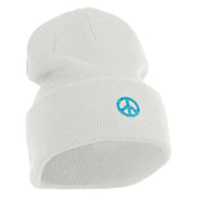 Small Blue Glitter Peace Sign Iron On Patched 12 Inch Long Knitted Beanie - White OSFM