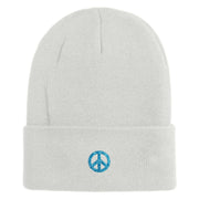 Small Blue Glitter Peace Sign Iron On Patched 12 Inch Long Knitted Beanie - White OSFM