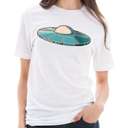 UFO Space Craft Graphic Design Ring Spun Combed Cotton Short Sleeve Deluxe Jersey T-Shirt - White XS