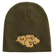 Japanese Style Cloud Embroidered 8 inch Acrylic Short beanie - Olive OSFM