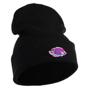 Tropical Fish Sea Life Iron On Patched 12 Inch Long Knitted Beanie - Black OSFM