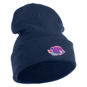 Tropical Fish Sea Life Iron On Patched 12 Inch Long Knitted Beanie - Navy OSFM
