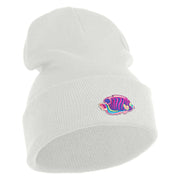 Tropical Fish Sea Life Iron On Patched 12 Inch Long Knitted Beanie - White OSFM