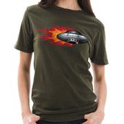 UFO Alien Spaceship Graphic Design Unisex Ring Spun Cotton Vintage Short Sleeve Crewneck Tee Shirt - Vintage-Olive XS