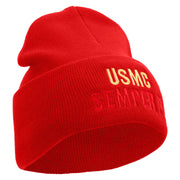 USMC Semper Fi Logo Embroidered 12 Inch Solid Knit Cuff Long Beanie Made in USA - Red OSFM