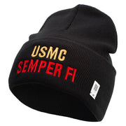 USMC Semper Fi Logo Embroidered 12 Inch Solid Knit Cuff Long Beanie Made in USA - Black OSFM