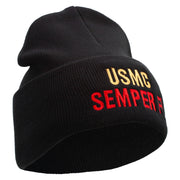 USMC Semper Fi Logo Embroidered 12 Inch Solid Knit Cuff Long Beanie Made in USA - Black OSFM