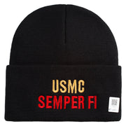 USMC Semper Fi Logo Embroidered 12 Inch Solid Knit Cuff Long Beanie Made in USA - Black OSFM
