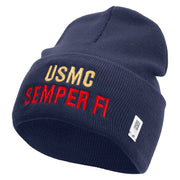 USMC Semper Fi Logo Embroidered 12 Inch Solid Knit Cuff Long Beanie Made in USA - Navy OSFM