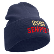 USMC Semper Fi Logo Embroidered 12 Inch Solid Knit Cuff Long Beanie Made in USA - Navy OSFM