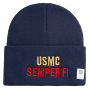 USMC Semper Fi Logo Embroidered 12 Inch Solid Knit Cuff Long Beanie Made in USA - Navy OSFM