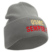 USMC Semper Fi Logo Embroidered 12 Inch Solid Knit Cuff Long Beanie Made in USA - Dk-Ash OSFM