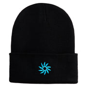 Mirrored Spiral Pinwheel Flower Iron On Patched 12 Inch Long Knitted Beanie - Black OSFM