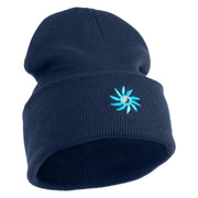 Mirrored Spiral Pinwheel Flower Iron On Patched 12 Inch Long Knitted Beanie - Navy OSFM