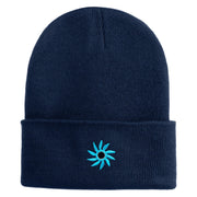 Mirrored Spiral Pinwheel Flower Iron On Patched 12 Inch Long Knitted Beanie - Navy OSFM