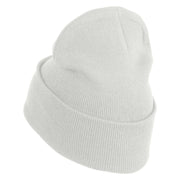 Mirrored Spiral Pinwheel Flower Iron On Patched 12 Inch Long Knitted Beanie - White OSFM