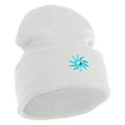 Mirrored Spiral Pinwheel Flower Iron On Patched 12 Inch Long Knitted Beanie - White OSFM