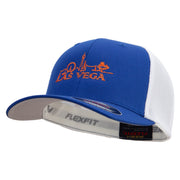 Bright Las Vegas Skyline Embroidered Flexfit Mesh Cotton Twill Trucker 2 Tone Cap - Royal-White OSFM