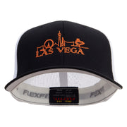 Bright Las Vegas Skyline Embroidered Flexfit Mesh Cotton Twill Trucker 2 Tone Cap - Black-White OSFM