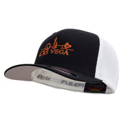 Bright Las Vegas Skyline Embroidered Flexfit Mesh Cotton Twill Trucker 2 Tone Cap - Black-White OSFM