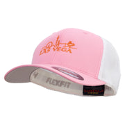 Bright Las Vegas Skyline Embroidered Flexfit Mesh Cotton Twill Trucker 2 Tone Cap - Pink-White OSFM