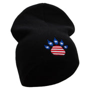 Made in USA Flag Patterned Paw Embroidered 8 Inch Solid Knit Short Beanie - Black OSFM