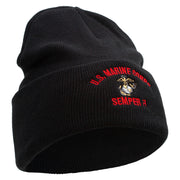 US Marine Corps Semper Fi Logo Embroidered 12 Inch Solid Knit Cuff Long Beanie Made in USA - Black OSFM