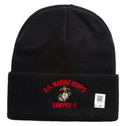 US Marine Corps Semper Fi Logo Embroidered 12 Inch Solid Knit Cuff Long Beanie Made in USA - Black OSFM