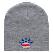 Made in USA Flag Patterned Paw Embroidered 8 Inch Solid Knit Short Beanie - Dk-Ash OSFM