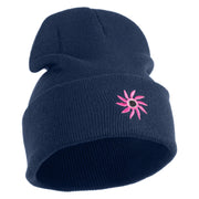 Mirrored Spiral Pinwheel Flower Iron On Patch 12 Inch Long Knitted Beanie - Navy OSFM