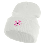 Mirrored Spiral Pinwheel Flower Iron On Patch 12 Inch Long Knitted Beanie - White OSFM