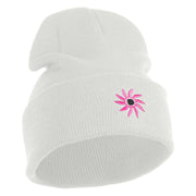 Mirrored Spiral Pinwheel Flower Iron On Patch 12 Inch Long Knitted Beanie - White OSFM
