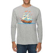 Painting Ship With Sails Graphic Long Sleeve Crewneck Tee - Heather-Grey XS