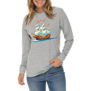 Painting Ship With Sails Graphic Long Sleeve Crewneck Tee - Heather-Grey XS