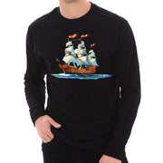 Painting Ship With Sails Graphic Long Sleeve Crewneck Tee - Black XS