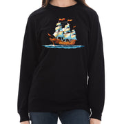 Painting Ship With Sails Graphic Long Sleeve Crewneck Tee - Black XS