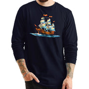 Painting Ship With Sails Graphic Long Sleeve Crewneck Tee - Navy XS