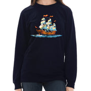 Painting Ship With Sails Graphic Long Sleeve Crewneck Tee - Navy XS